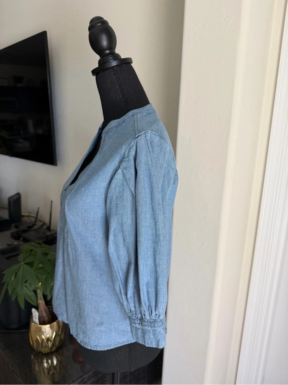 Light Blue Denim Split-Neck Women's Top